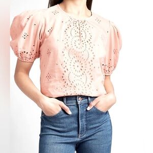 Express‎ | Pale Pink Embroidered Eyelet Lace Puff Sleeve Romantic Top Size Small